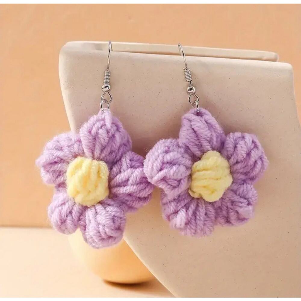 Lavender Novelty Knitted Flower Earrings, Kawaii Cute Gift, Teacher Earrings